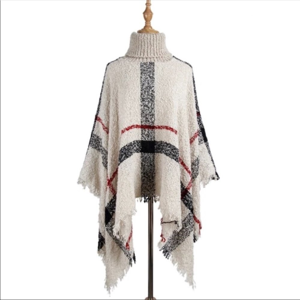 #41 New ! Plaid turtleneck poncho knit sweater - Picture 4 of 4